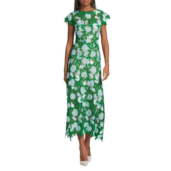 Lela Rose Guipure Lace Fit-&-Flare Dress Kelly Green - 8 - Picture 1 of 5